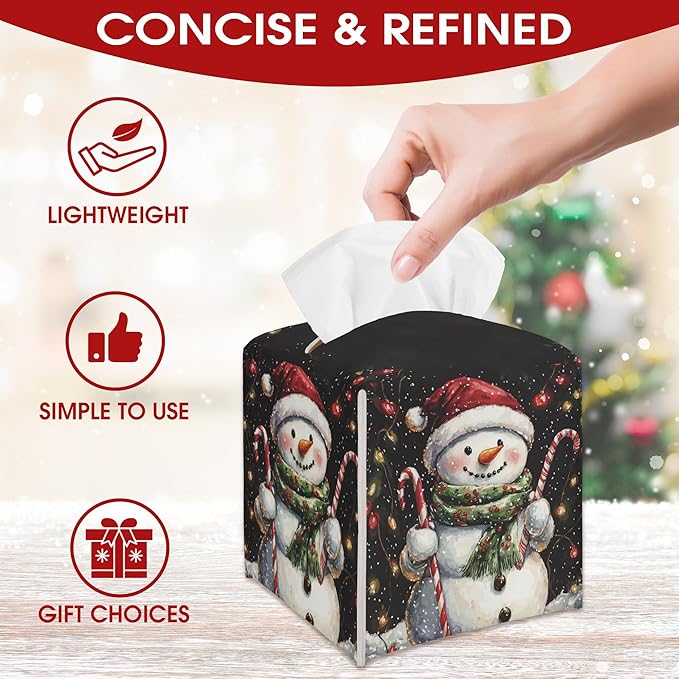 Christmas Snowman Tissue Box Cover Leather, Black Christmas Tissue Box Cover, Xmas Housewarming Gift Ideas for Family Friends, Bathroom Kitchen Car Office Home Table Decor(5.2 Inches)-B02