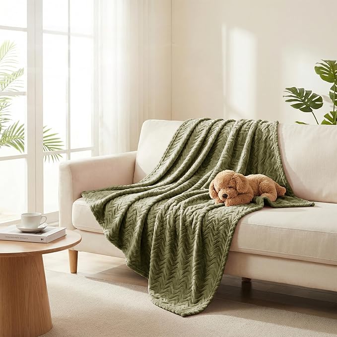 Exclusivo Mezcla Fleece Throw Blanket for Couch, Cozy Lightweight Blankets for All Season, Decorative Giftable Fuzzy Plush Wave Textured Throws for Women, Men, Olive Green, 50x70 Inches