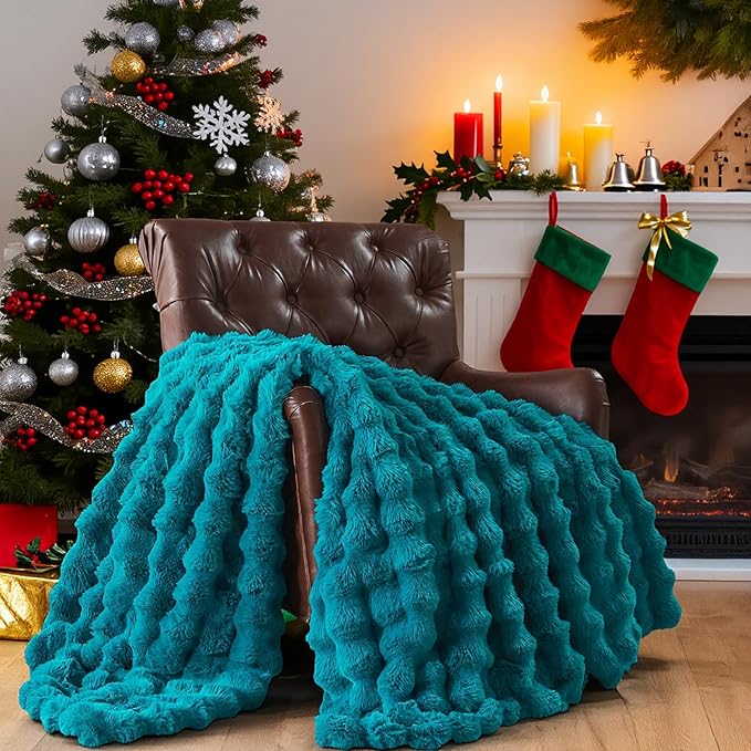 Lotus Karen Faux Fur Throw Blanket Teal - Big Bubble Rabbit Fluff Blanket for Couch Bed Sofa,Softest Fluffy Fuzzy Cozy Blanket,Thick Furry Plush Shaggy Warm Blankets for Women,60x80 Inches