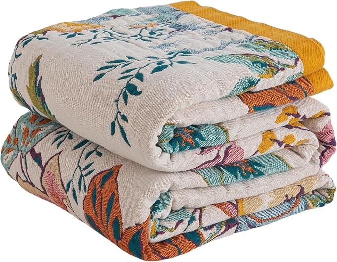Boho Throw Blanket, 100% Cotton Fall Throws Blanket, King Size Large Bedspread, Floral Rustic Quilt, Farmhouse, Mexican Muslin Blankets for Adults, 90"x98"