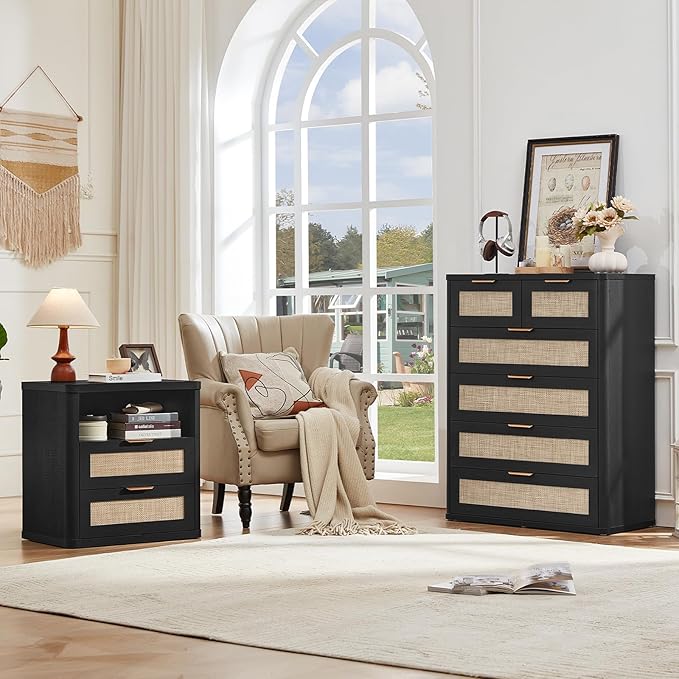 LEYAOYAO Rattan Dresser for Bedroom, 42" Tall Chest of Drawers, Modern 6 Drawers Boho Dressers with Storage, Light Oak Dresser Wooden Closet Organizer for Living Room, Hallway, Black