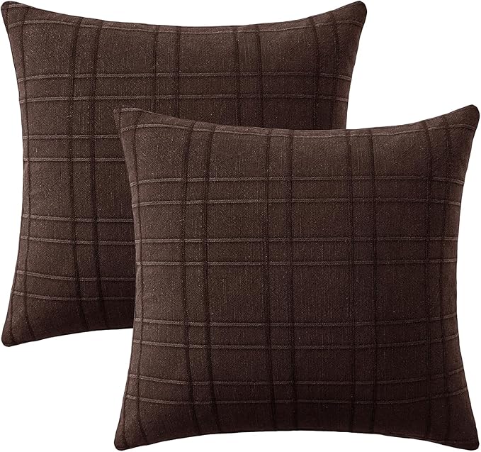 MIULEE Decorative Linen Check Throw Pillow Covers Neutral Farmhouse Vintage Pillow Covers 18x18 Set of 2 Boho Modern Winter Home Decor for Sofa Couch Bedroom Cushion Dark Brown