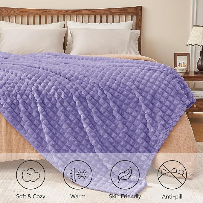 BEDELITE Lavender Throw Blanket Twin Size for Bed- Super Soft and Warm 3D Checkered Fluffy Fuzzy Fleece Blanket, Luxurious Plush Cozy Blanket for Room Decor Fall and Winter, 60x80 inches