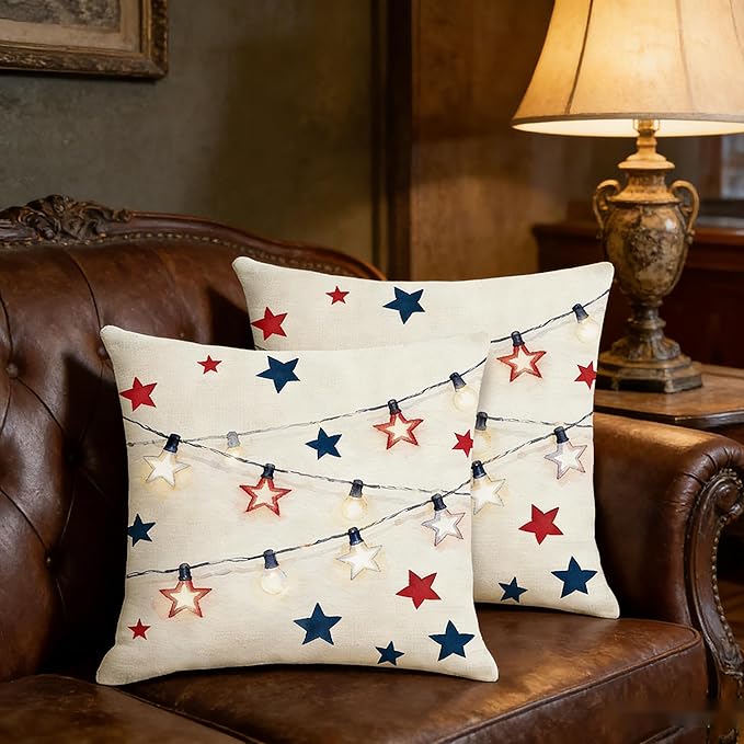 4th of July Throw Pillow Covers, Independence Day Star Design, Linen, 18x18 Inch, Set of 2, Farmhouse Style