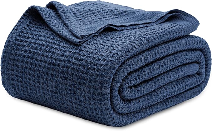 Bedsure Gentlesoft 100% Cotton Blanket King Size for Bed - Cooling Breathable and Soft for Spring Summer, Thick Cozy Waffle Weave Blanket Gifts for Women, Navy, 104x90 inches