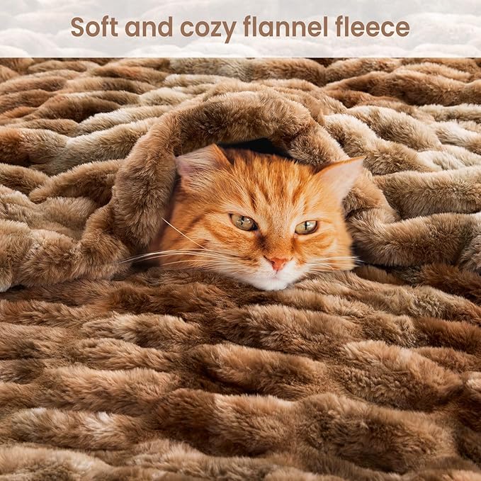 Softan Extra Soft Faux Fur Blanket, Warm Striped Faux Fur Throw Blanket with Flannel Fleece Reverse for Couch Sofa Bed Living Room, Brown- 50"x 60"