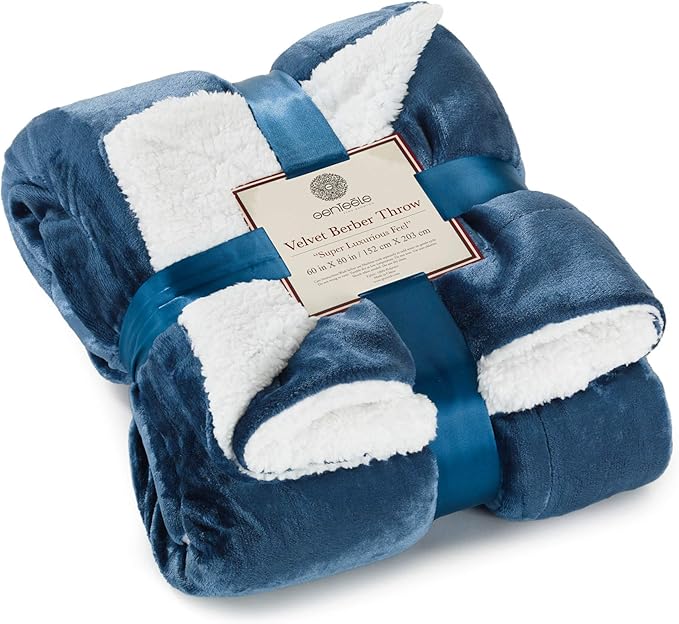 Genteele Sherpa Throw Blanket Super Soft Reversible Ultra Luxurious Plush Blanket, 60 x 80 inches, Navy/White