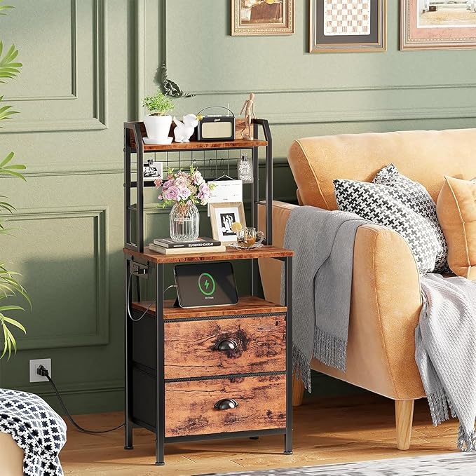 Furologee 40'' Tall Nightstand with Charging Station, Bedside Table with LED Lights, End Table with 2 Drawers and Storage Shelves, Night Stand with Pegboard for Bedroom, Rustic Brown