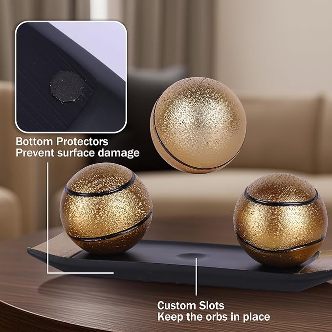 LCCCK Decorative Tray with Balls Set, Black Gold Decor Orbs TV Stand, Coffee Table Centerpiece, Elegant Orbs Decorative Balls for Dining Kitchen Console Fireplace Decor Centro De Mesa De Comedor