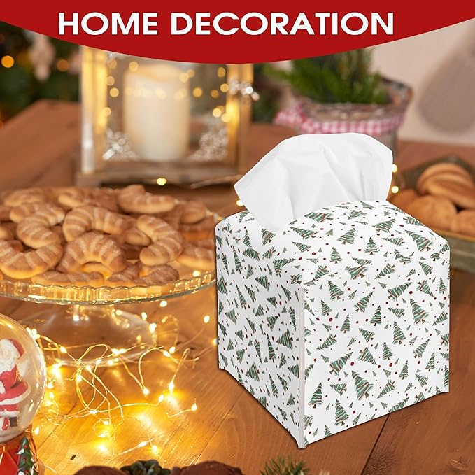 White Christmas Trees Tissue Box Cover Holder, Christmas Leather Tissue Box Cover Square, Xmas Gift Ideas for Family Friends, Bathroom Kitchen Car Office Home Table Decor(5.2 Inches)-B10