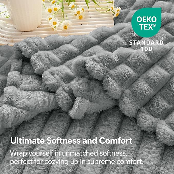 BEDELITE Updated Grey Throw Blanket for Couch and Bed- Super Soft and Warm 3D Checkered Fluffy Fuzzy Fleece Blanket, Luxurious Plush Cozy Blanket for Room Decor Spring, 50x60 inches