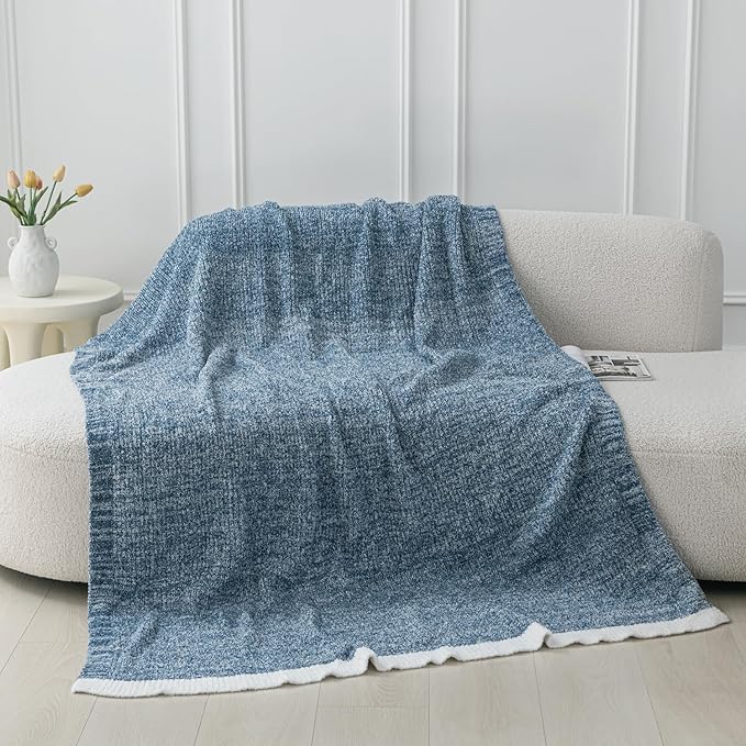 MH MYLUNE HOME Ultra Soft Ribbed Throw Blanket for Couch 50x60 Inches Luxurious Super Cozy Fluffy Microfiber Blanket Plush Warm Reversible Throw Blankets for Sofa Bed - Blue 50 x 60 Inches