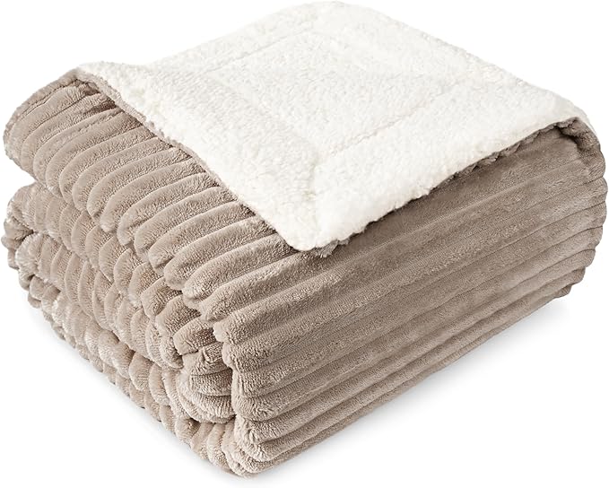 PAVILIA Tan Taupe Sherpa Fleece Throw Blanket for Couch Twin, Soft Plush Fuzzy Blankets, Fluffy Flannel Sherpa Blanket for Bed, Warm 3D Ribbed Winter Blanket Gift, 60x80 inches