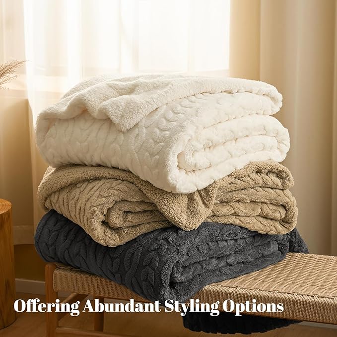 PHF Ultra Soft Sherpa Fleece Blanket King Size 108" x 90", 510GSM Fleece Lightweight Yet Warm Blanket for Winter Bed, No Shedding, No Pilling, Tufted Jacquard for Luxury Home Decor, Natural Cream