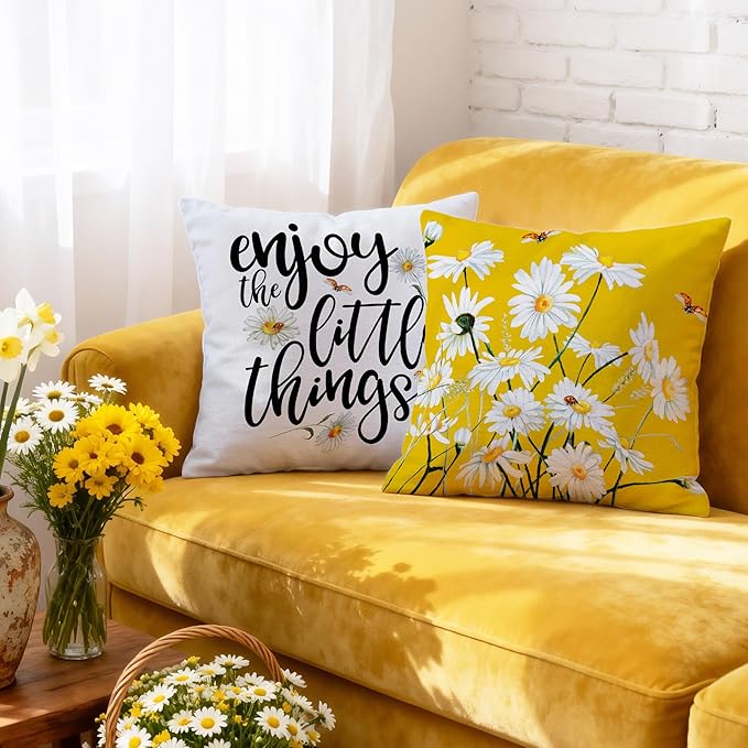 Hexagram Spring Summer Pillow Covers 18x18 Set of 4, Floral Daisy Outdoor Decorative Throw Pillow Covers, Yellow Farmhouse Cushion Case for Couch Sofa Living Room Bedroom Home Indoor Decor(No Insert)