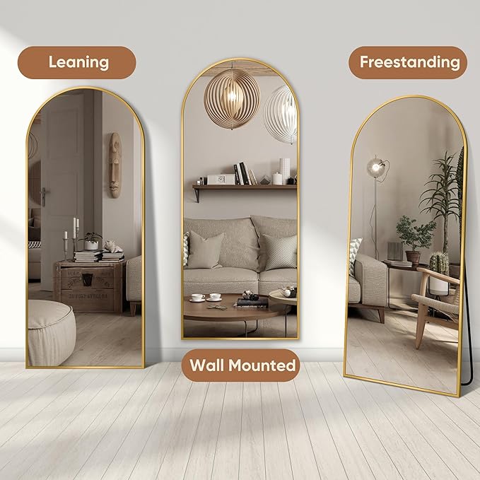 64"x21" Full Length Mirror, Arched Full Body Mirror, Standing Hanging or Leaning Floor Mirror for Bedroom and Living Room, Gold