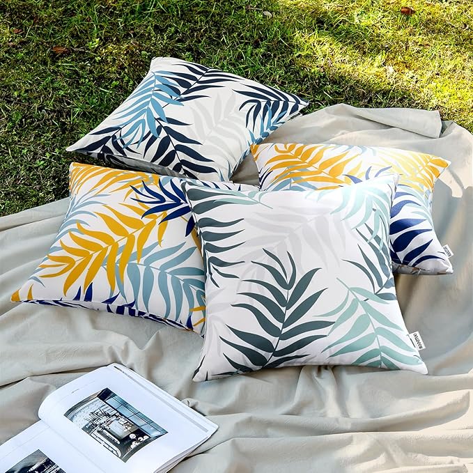 MIULEE Pack of 2 Decorative Outdoor Waterproof Throw Pillow Covers Patio Pillow Cases Natural Leaves Pattern Spring Square Cushion Shams Shell for Garden Balcony Couch 18x18 Inch, Navy Blue
