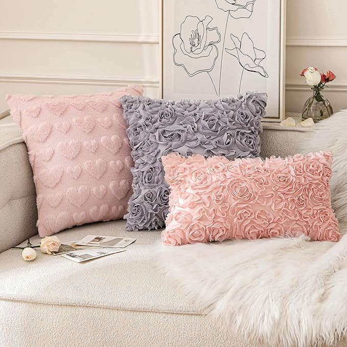 MIULEE 3D Rose Flower Pillow Cover Decorative Spring Floral Romantic Stereo Chiffon Aesthetic Solid Pillowcase for Girl Bedroom Living Room Decor 12x20 Inch Peach Pink