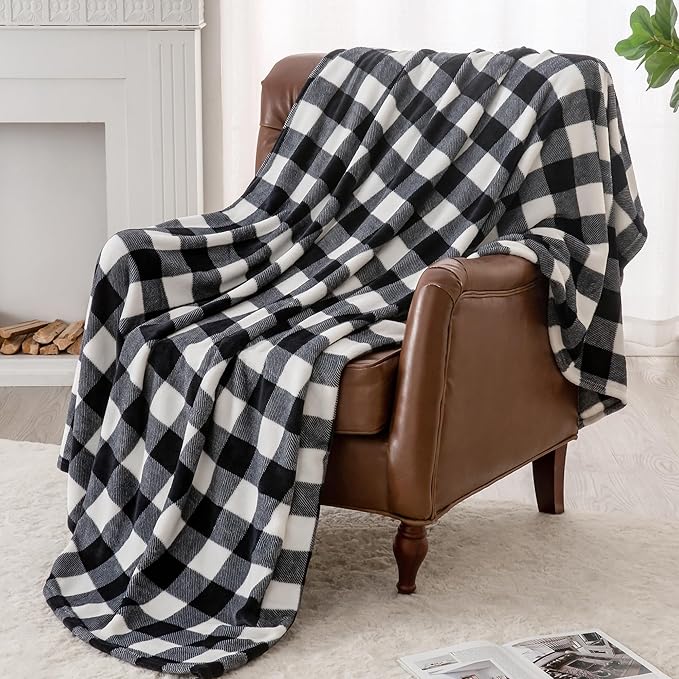 BEDELITE Plaid Fleece Throw Blanket for Couch, Black & White Checkered Flannel Blanket, Cozy & Soft Buffalo Plaid Decor Blanket for Women, Men, 50"x60"