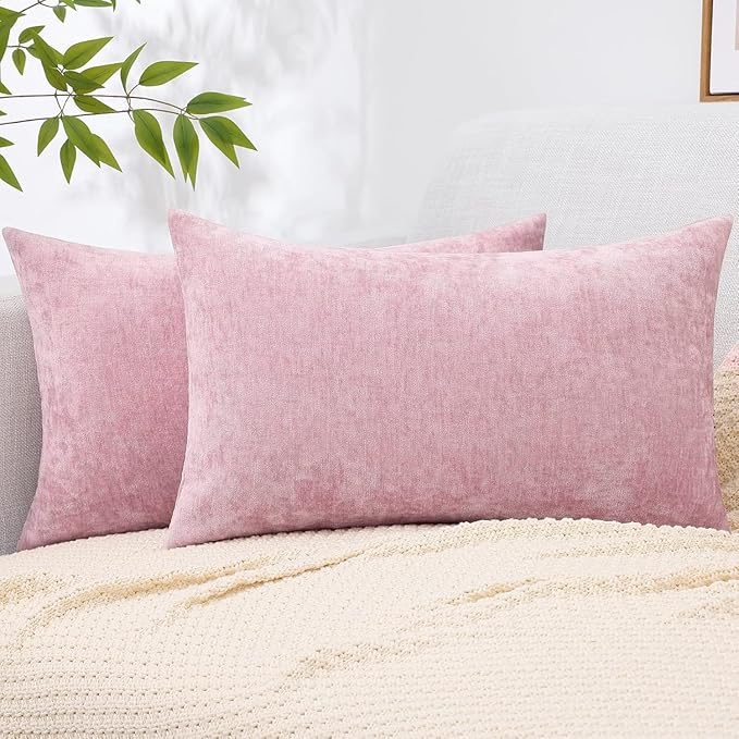 decorUhome Chenille Blush Pink Summer Throw Pillow Covers 12x20 Inch Set of 2, Decorative Soft Couch Pillow Covers Solid Dyed Accent Farmhouse Neutral Rectangle Pillow Cases for Sofa