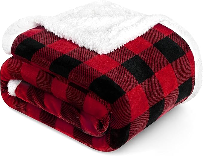 PAVILIA Buffalo Check Sherpa Blanket Throw Queen,Red Black Checkered Flannel Fleece Blanket,Christmas Plaid Warm Plush Microfiber Blanket for Couch Sofa,90x90 Inches