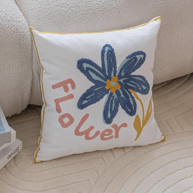 YIcabinet Pillow Covers Set of 2, Embroidered Blue Flower Pattern Throw Pillow Cover,Square Cotton Cushion,Pillow Case for Sofa Bedroom Couch,18"x18"