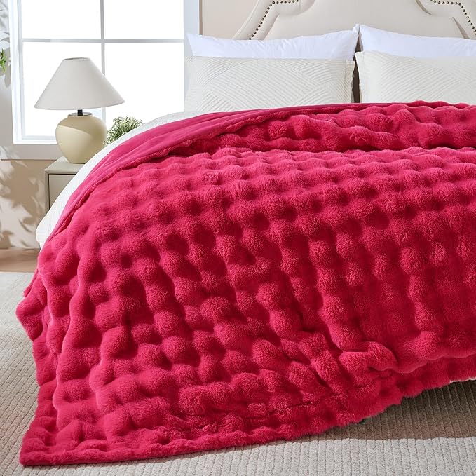 Krifey Hot Pink Bubble Blanket for Women, Soft Cloud Touch Throw for Dorm Bed, Cozy Fuzzy Plush Thick Warm Blanket, Faux Rabbit Fleece, Christmas Birthday Gifts for her Girls Mom, Room Decor, 60x80in