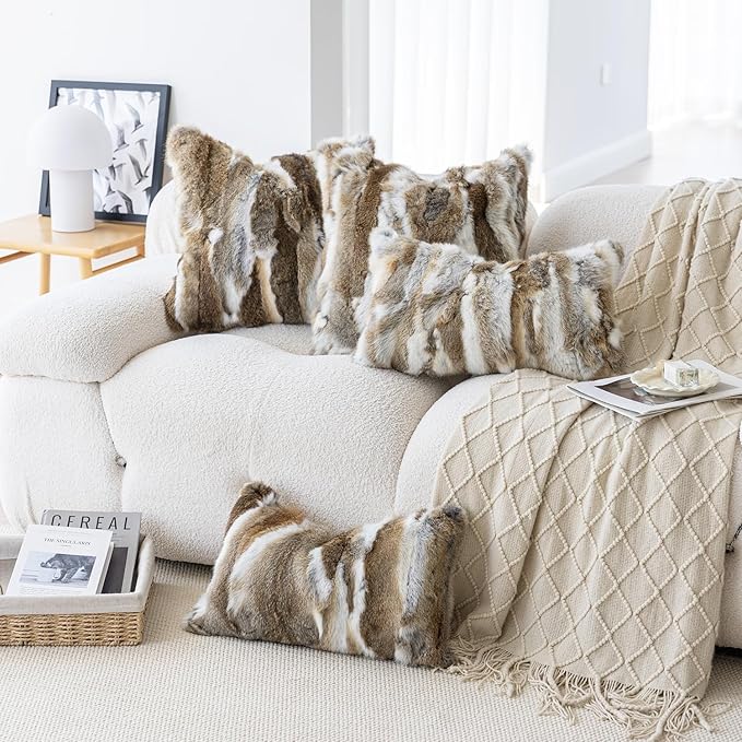 MOOX Rabbit Fur Throw Pillow Covers Decorative Fluffy Soft Fuzzy Plush Luxury Genuine Animal Skin Lumbar Pillow 12"x20" Cushion Cover(Yellow-White, 12x20inch)