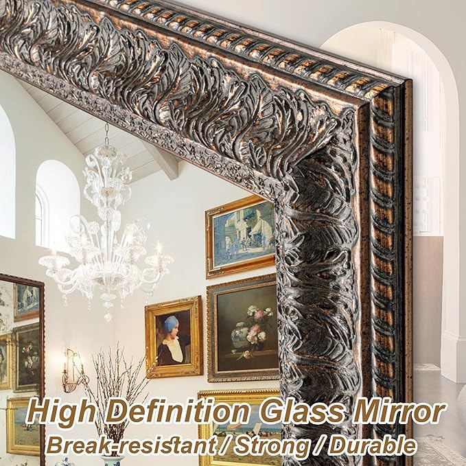 Chende Vintage Mirror for Wall Decor, 37" L x 25" W Bronze Bathroom Mirror with Carved Wood Frame and Hand-Applied Clay-Like Texture, Horizontal/Vertical Hanging, Living Room, Entryway, Home Decor