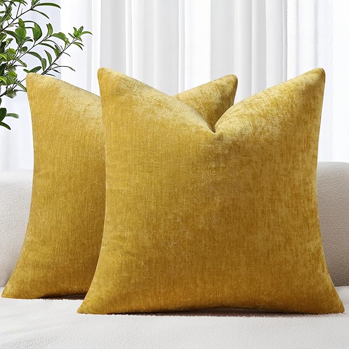 decorUhome Chenille Mineral Yellow Throw Pillow Covers 26x26 Inch Set of 2, Decorative Soft Couch Pillow Covers Solid Dyed Accent Farmhouse Neutral Square Pillow Cases for Sofa