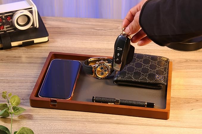 Shinpuru Wooden Valet Tray with Leather Inlay - Nightstand & Desk Organizer - EDC Essentials Catchall Tray for Keys, Phone, Wallet, Watch, Earbuds - Stylish Storage (Wood-Full)