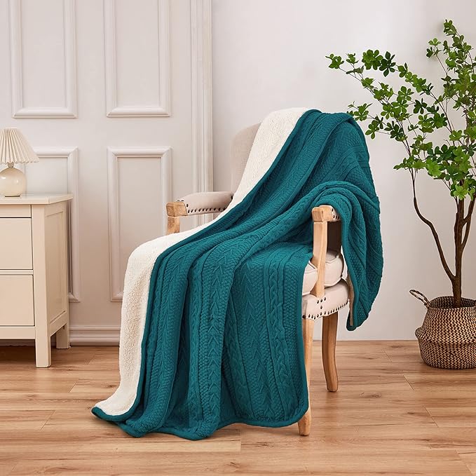 Longhui bedding Lake Blue Acrylic Cable Knit Sherpa Throw Blanket - Thick, Soft, Big, Cozy Lake Blue Knitted Fleece Blankets for Couch, Sofa, Bed - 50 x 63 Inches