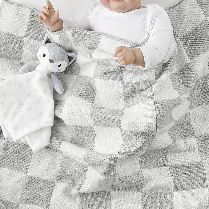 CREVENT 2Pcs 30''X40'' Cute Cozy Fluffy Warm Baby Blankets for Infants Toddlers' Bedding Crib Cot Stroller - Grey Cloud + Knit Checked Grey