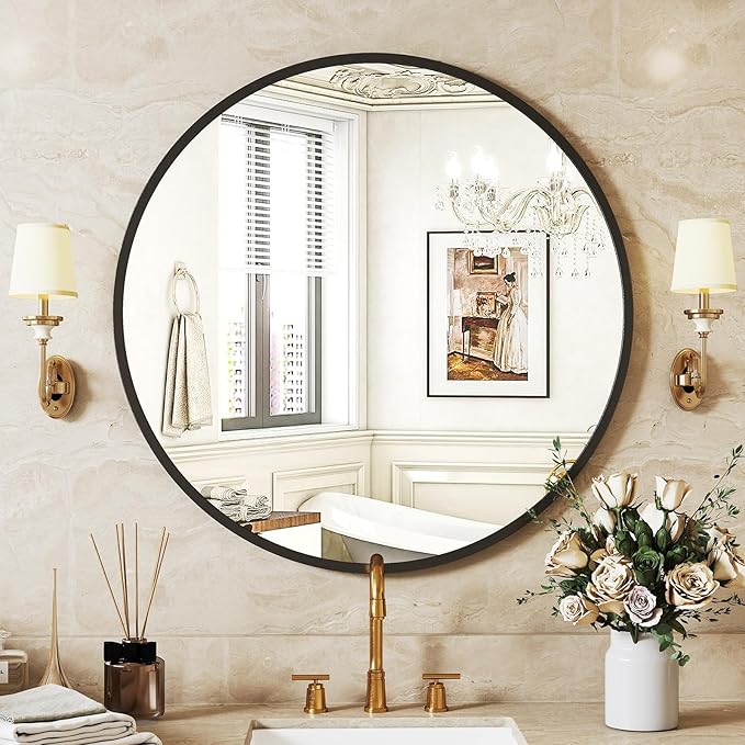 Sweetcrispy 24-inch Black Round Wall Mirror, Circle Bathroom Mirrors with Metal Frame, Wall-Mounted Mirrors for Living Room, Bathroom, Entryway