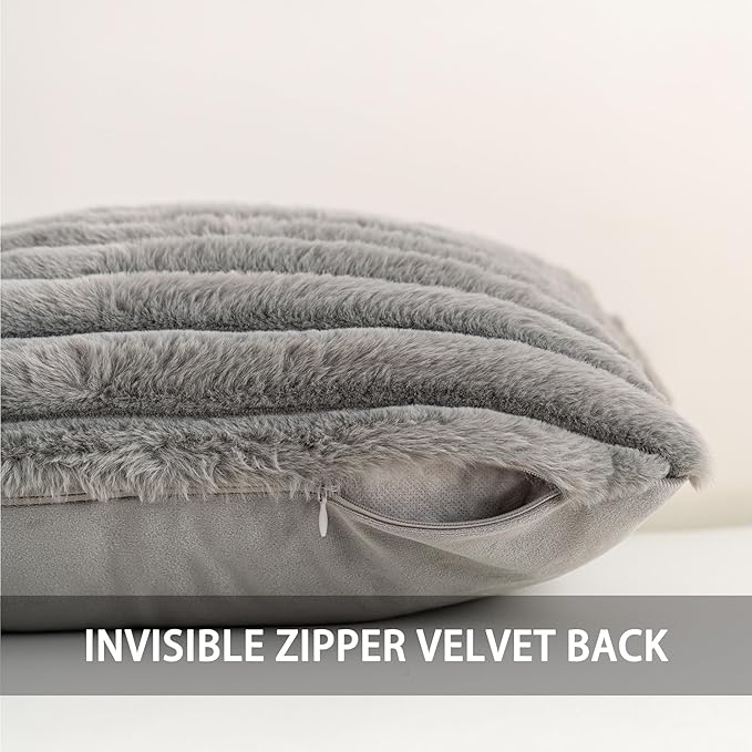 Aegero Pack of 2 Faux Fur Fall Throw Pillow Covers 22x22 Inch, Soft Plush Striped Neutral Couch Pillow Cover, with Velvet Back Modern Home Decor for Sofa Living Room Couch Bed Dark Grey
