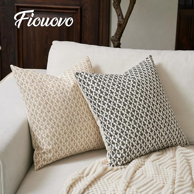 FIOUOVO Floral Pillow Covers 24x24 Pillow Cover Block Print Couch Pillows for Living Room Decorative Neutral Accent Throw Pillow Covers, 1PC, Charcoal Black