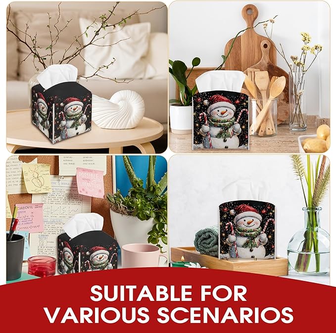 Christmas Snowman Tissue Box Cover Leather, Black Christmas Tissue Box Cover, Xmas Housewarming Gift Ideas for Family Friends, Bathroom Kitchen Car Office Home Table Decor(5.2 Inches)-B02