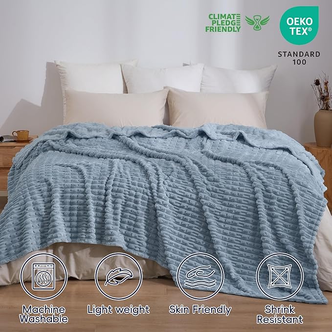 PHF Ultra Soft Flannel Fleece Blanket King Size, Lightweight 3D Jacquard Fleece Blanket, No Shedding, No Pilling, Luxury 340GSM Aesthetic Fluffy Cozy for Bed Room Decor, 108"x90", Dusty Blue