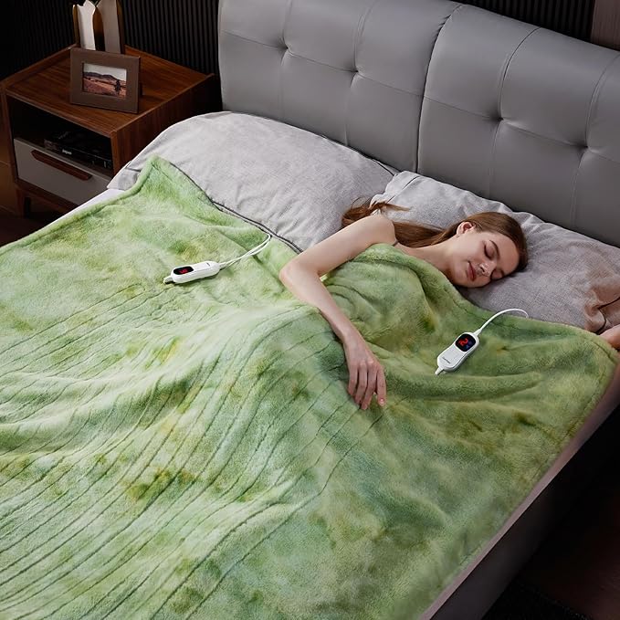 Guohaoi Heated Blanket Electric Throw, Soft Faux Rabbit Fur Electric Blanket with 10 Heating Levels 5 Sitting Timer Auto Off, Dual-Controller Heating Blankets, Machine Washable(84"×90" Light Green)