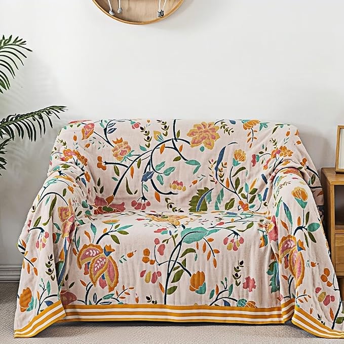 Queen Boho Throw Blanket, Reversible Cotton Woven Throw Blankets,Bohemian Style Beige Boho Muslin Blanket for Traveling, Camping, Picnic, Farmhouse,80''x90''