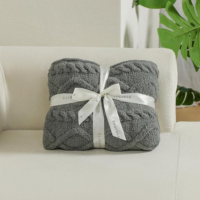 bearberry Plush Fleece Blanket Ultra Cozy & Warm Cable Knit - Machine Washable Throw for Living Room, Bedroom, Office | Lightweight Fuzzy Blanket for Adults, Kids, Pets (Grey, 50”x60”)
