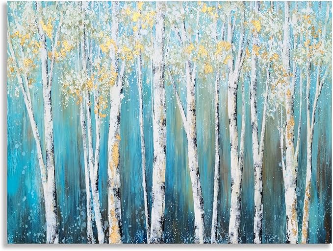 Yihui Arts Canvas Wall Art White Grey Birch Trees Branches Painting Gold Foil Leaves Pictures, Modern One Framed Large Size for Living Room Bedroom Home Office Decor