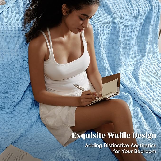 PHF 100% Cotton Waffle Weave Blanket King Size for Bed, Soft Lightweight & Breathable for Spring and Summer, All-Season Comfort, Luxury Aesthetic Blanket for Home Decor, 108"x90", Airy Blue