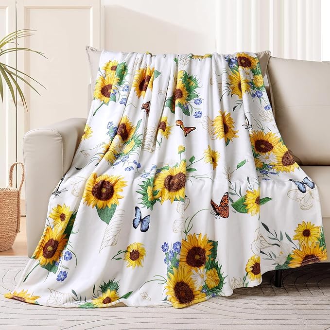 Sunflower Throw Blanket Ultra Soft Butterfly Floral Blanket Cozy Flannel Fleece Bed Blanket Lightweight Fuzzy Plush Flowers Couch Cover Sunflowers Gifts Throw Decor for Women Girls 50" X 60"