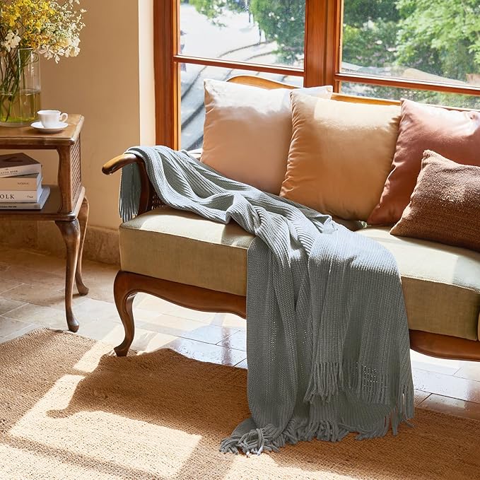 lifein Throw Blanket for Couch, Soft Boho Decor Bed Throw,Cozy Grey Knitted Chenille Small Farmhouse Lightweight Throw (Light Grey,60 * 80")