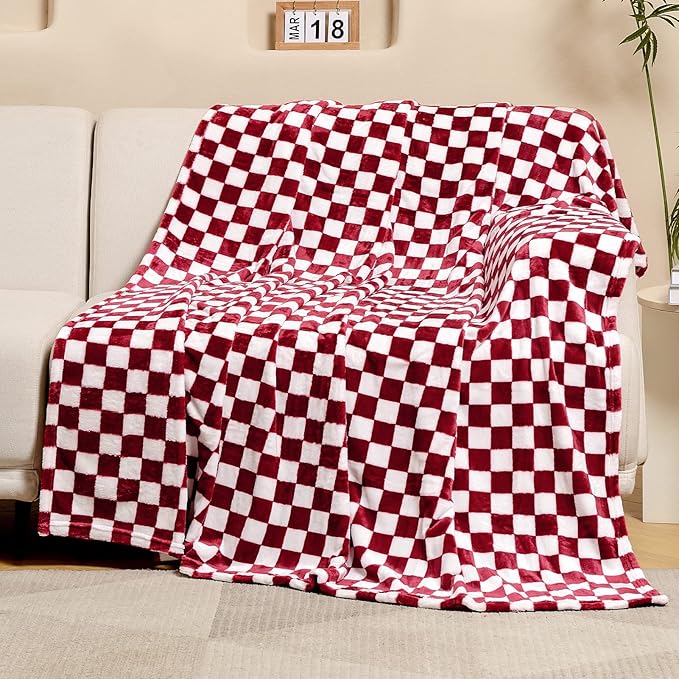 FY FIBER HOUSE Checkered Flannel Fleece Throw Blanket King Size Soft Cozy Checkerboard Grid Print Chessboard Pattern Blankets for Bed Couch Sofa, 90"x108", Burgundy