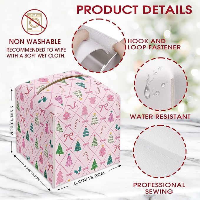 Pink Christmas Trees and Bow Tissue Box Cover Holder, Christmas Tissue Box Cover Square, Xmas Gift Ideas for Family Friends, Bathroom Kitchen Car Office Home Table Decor(5.2 Inches)-B11