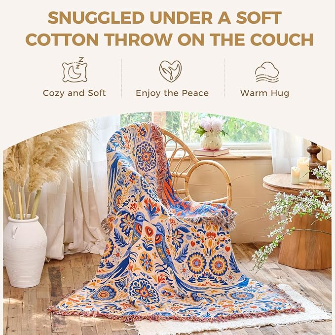 Boho Throw Blanket for Bed Cotton Spring Blankets Twin Size for Bedroom Living Room All Season Lightweight Floral Bird Embroidery Breathable Quilt for Couch Sofa Chair 60"x80" Home Decor