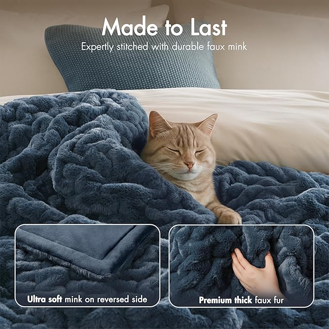 Madison Park Ruched Luxury Throw Premium Soft Cozy Brushed Long Faux Fur For Bed, Couch or Sofa, 50"x60", Slate Blue