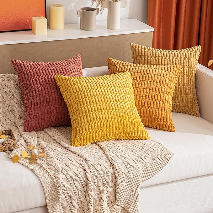 MIULEE Pack of 4 Fall Boho Farmhouse Orange Yellow Corduroy Decorative Throw Pillow Covers 18x18 Inch Soft Striped Pillow Covers Modern Rustic Home Decor for Sofa Living Room Couch Bed